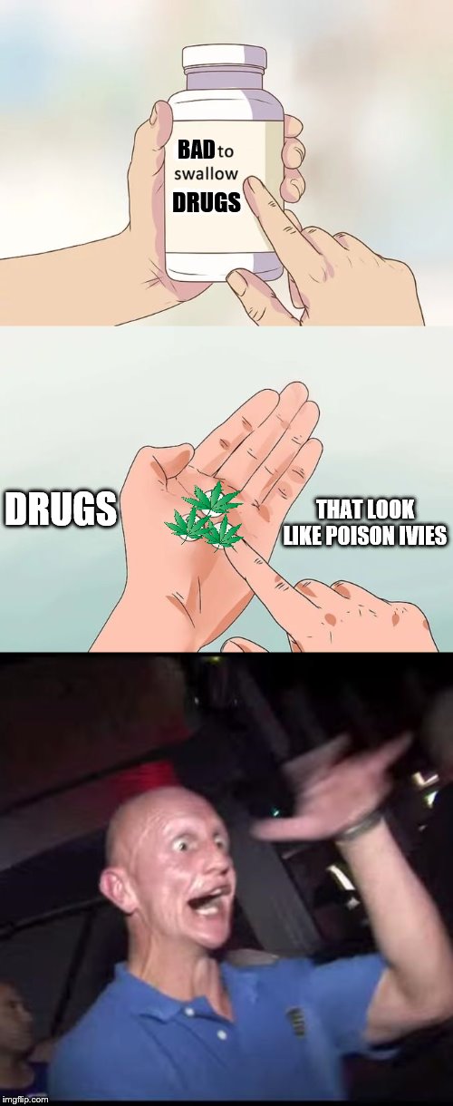 EAT THE POSION IVY | BAD; DRUGS; DRUGS; THAT LOOK LIKE POISON IVIES | image tagged in drugs crazy guy,memes,hard to swallow pills,drugs,weed,poison ivy | made w/ Imgflip meme maker