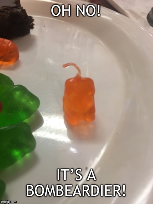 So that’s why the ice cream tastes like shrapnel... | OH NO! IT’S A BOMBEARDIER! | image tagged in bomb,gummy bears | made w/ Imgflip meme maker