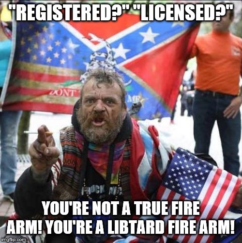 conservative alt right tardo | "REGISTERED?" "LICENSED?" YOU'RE NOT A TRUE FIRE ARM! YOU'RE A LIBTARD FIRE ARM! | image tagged in conservative alt right tardo | made w/ Imgflip meme maker