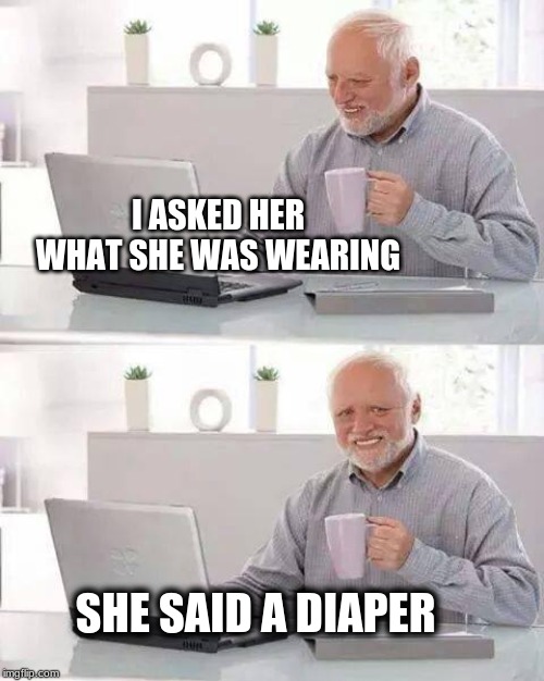 Hide The Incontinence Harold | I ASKED HER WHAT SHE WAS WEARING; SHE SAID A DIAPER | image tagged in memes,hide the pain harold,incontinence,diaper | made w/ Imgflip meme maker