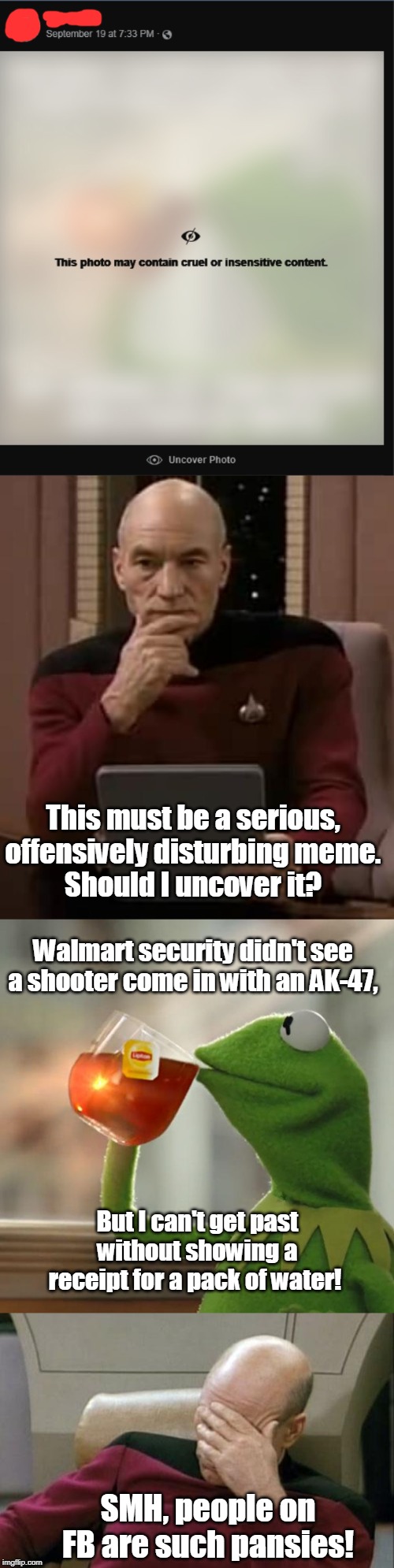 True story. Covering the meme makes it a hundred times funnier! Thanks Facebook. | This must be a serious, offensively disturbing meme.
Should I uncover it? Walmart security didn't see a shooter come in with an AK-47, But I can't get past without showing a receipt for a pack of water! SMH, people on FB are such pansies! | image tagged in memes,captain picard facepalm,but thats none of my business,facebook problems,facebook,mass shooting | made w/ Imgflip meme maker