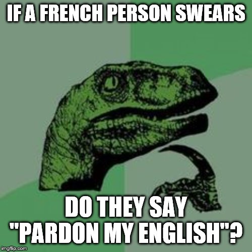 Time raptor  | IF A FRENCH PERSON SWEARS; DO THEY SAY "PARDON MY ENGLISH"? | image tagged in time raptor | made w/ Imgflip meme maker