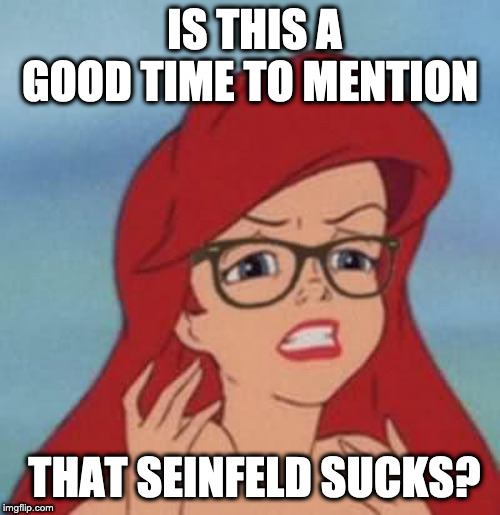 Hipster Ariel Meme | IS THIS A GOOD TIME TO MENTION; THAT SEINFELD SUCKS? | image tagged in memes,hipster ariel | made w/ Imgflip meme maker
