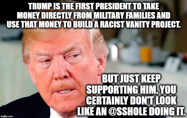 Lookin' Good, Trumpsters. Lookin' Real Good! | TRUMP IS THE FIRST PRESIDENT TO TAKE MONEY DIRECTLY FROM MILITARY FAMILIES AND USE THAT MONEY TO BUILD A RACIST VANITY PROJECT. BUT JUST KEEP SUPPORTING HIM. YOU CERTAINLY DON'T LOOK LIKE AN @SSHOLE DOING IT. | image tagged in donald trump,border wall,military,treason,traitor,impeach trump | made w/ Imgflip meme maker