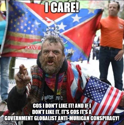 conservative alt right tardo | I CARE! COS I DON'T LIKE IT! AND IF I DON'T LIKE IT, IT'S COS IT'S A GOVERNMENT GLOBALIST ANTI-MURICAN CONSPIRACY! | image tagged in conservative alt right tardo | made w/ Imgflip meme maker