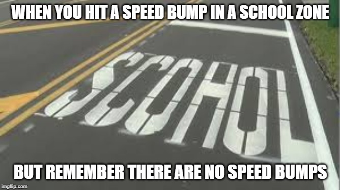 Thump | WHEN YOU HIT A SPEED BUMP IN A SCHOOL ZONE; BUT REMEMBER THERE ARE NO SPEED BUMPS | image tagged in typo school | made w/ Imgflip meme maker