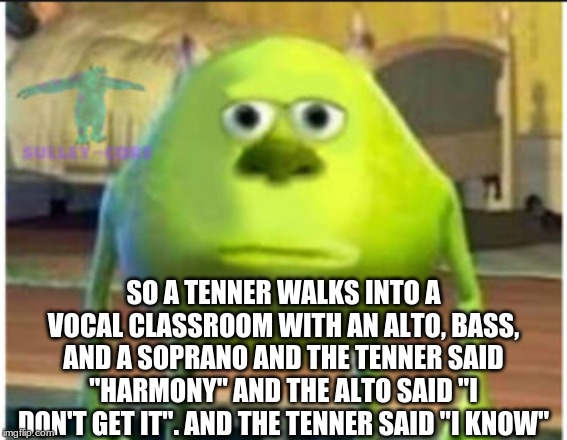 vocal meme | SO A TENNER WALKS INTO A VOCAL CLASSROOM WITH AN ALTO, BASS, AND A SOPRANO AND THE TENNER SAID "HARMONY" AND THE ALTO SAID "I DON'T GET IT". AND THE TENNER SAID "I KNOW" | image tagged in monsters inc | made w/ Imgflip meme maker