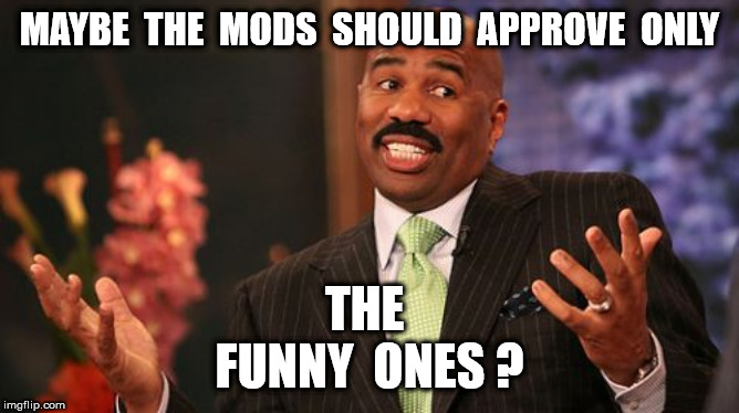 Steve Harvey Meme | MAYBE  THE  MODS  SHOULD  APPROVE  ONLY THE  FUNNY  ONES ? | image tagged in memes,steve harvey | made w/ Imgflip meme maker