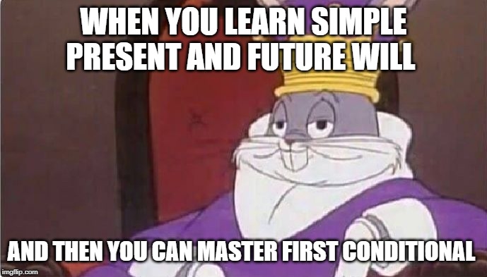 Bugs Bunny King | WHEN YOU LEARN SIMPLE PRESENT AND FUTURE WILL; AND THEN YOU CAN MASTER FIRST CONDITIONAL | image tagged in bugs bunny king | made w/ Imgflip meme maker