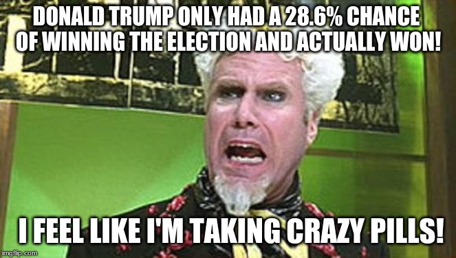 MUGATU CRAZY PILLS | DONALD TRUMP ONLY HAD A 28.6% CHANCE 
OF WINNING THE ELECTION AND ACTUALLY WON! I FEEL LIKE I'M TAKING CRAZY PILLS! | image tagged in mugatu crazy pills | made w/ Imgflip meme maker