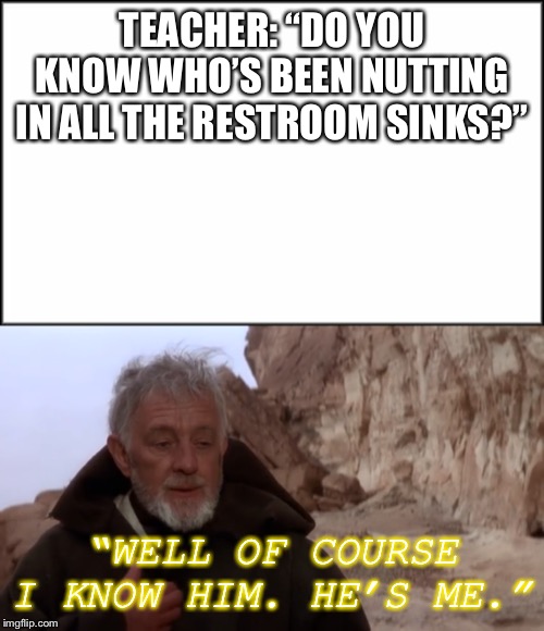 Honest Obi Wan | TEACHER: “DO YOU KNOW WHO’S BEEN NUTTING IN ALL THE RESTROOM SINKS?”; “WELL OF COURSE I KNOW HIM. HE’S ME.” | image tagged in plain white,star wars,obi wan kenobi | made w/ Imgflip meme maker