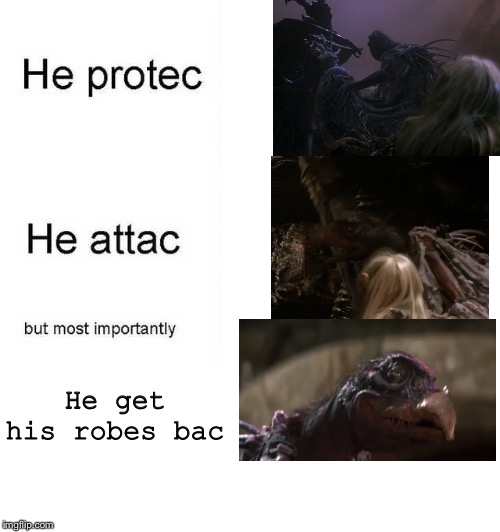 Hmmmmmm | He get his robes bac | image tagged in he protec he attac but most importantly,the dark crystal,skeksis,chamberlain,hmm | made w/ Imgflip meme maker