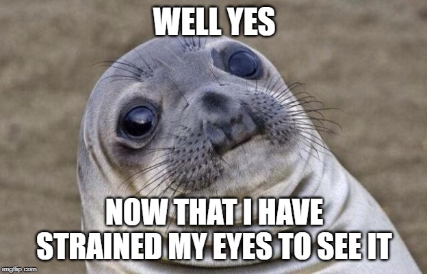 Awkward Moment Sealion Meme | WELL YES NOW THAT I HAVE STRAINED MY EYES TO SEE IT | image tagged in memes,awkward moment sealion | made w/ Imgflip meme maker