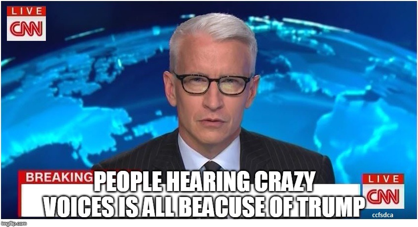 CNN Breaking News Anderson Cooper | PEOPLE HEARING CRAZY VOICES IS ALL BEACUSE OF TRUMP | image tagged in cnn breaking news anderson cooper | made w/ Imgflip meme maker