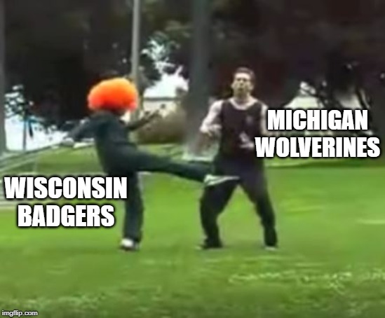 UW! | MICHIGAN WOLVERINES; WISCONSIN BADGERS | image tagged in kicked in the nuts | made w/ Imgflip meme maker