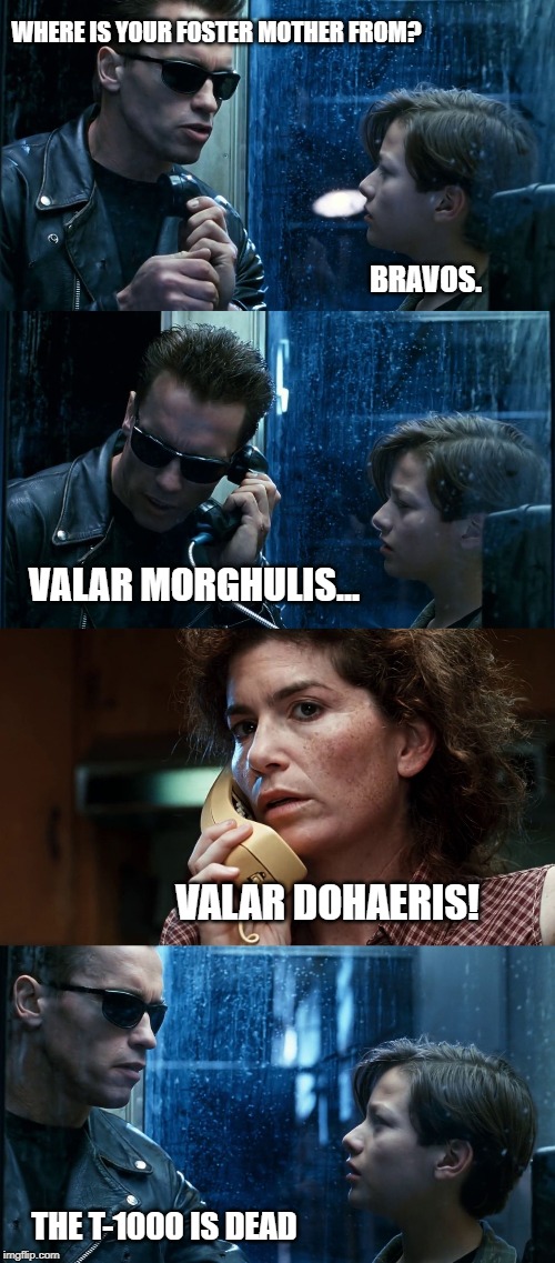 T2 back and forth | WHERE IS YOUR FOSTER MOTHER FROM? BRAVOS. VALAR MORGHULIS... VALAR DOHAERIS! THE T-1000 IS DEAD | image tagged in t2 back and forth | made w/ Imgflip meme maker