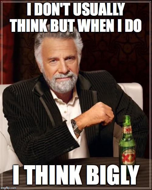 The Most Interesting Man In The World | I DON'T USUALLY THINK BUT WHEN I DO; I THINK BIGLY | image tagged in memes,the most interesting man in the world | made w/ Imgflip meme maker