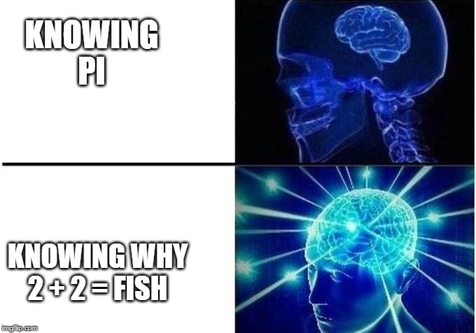 Expanding Brain Two Frames | KNOWING PI; KNOWING WHY 2 + 2 = FISH | image tagged in expanding brain two frames | made w/ Imgflip meme maker