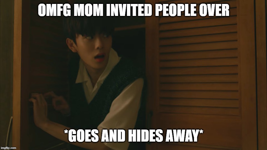 OMFG MOM INVITED PEOPLE OVER; *GOES AND HIDES AWAY* | image tagged in introverts | made w/ Imgflip meme maker