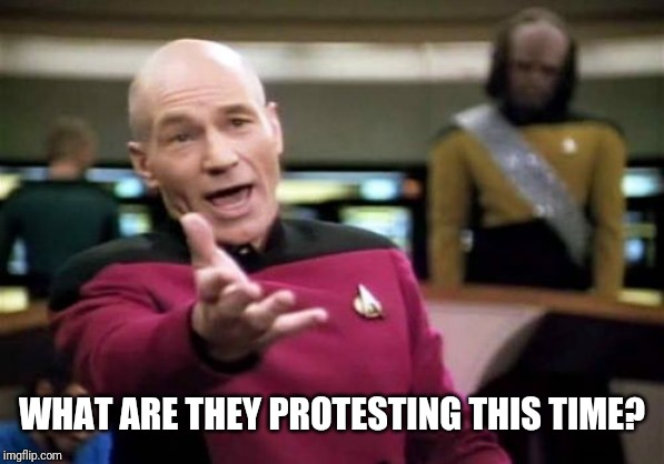 Picard Wtf Meme | WHAT ARE THEY PROTESTING THIS TIME? | image tagged in memes,picard wtf | made w/ Imgflip meme maker