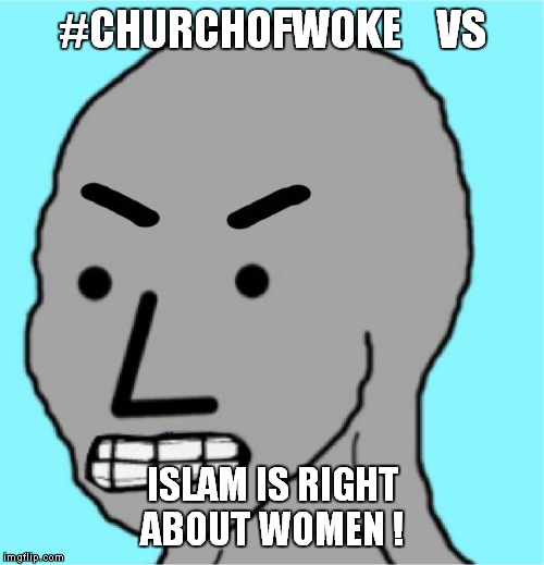 In this corner, the podpeople. In this corner, the newest meme. Let the bloodbath begin! | #CHURCHOFWOKE    VS; ISLAM IS RIGHT ABOUT WOMEN ! | image tagged in npcs,islam,feminazis | made w/ Imgflip meme maker