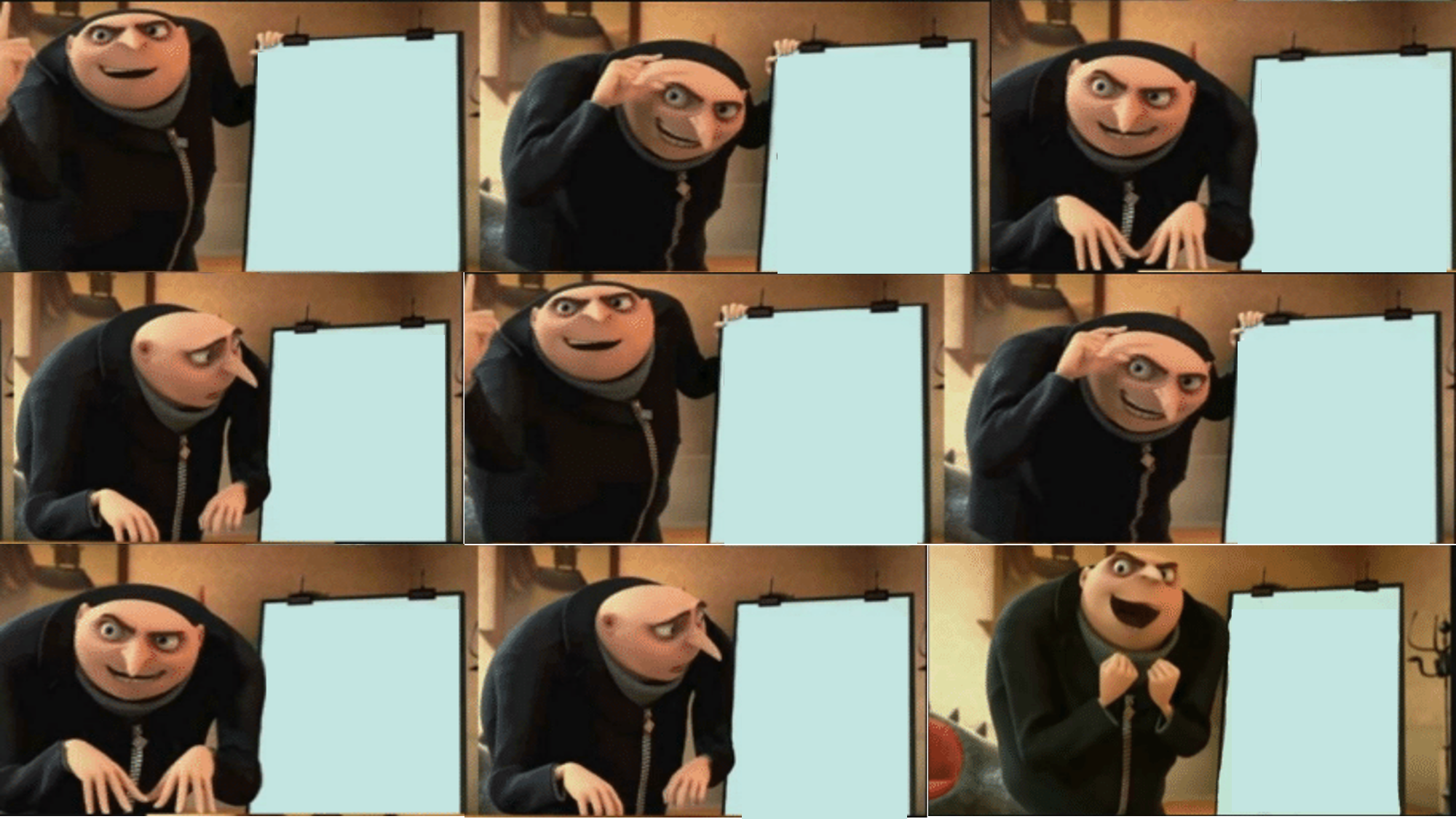 Gru meme 9 panel. 