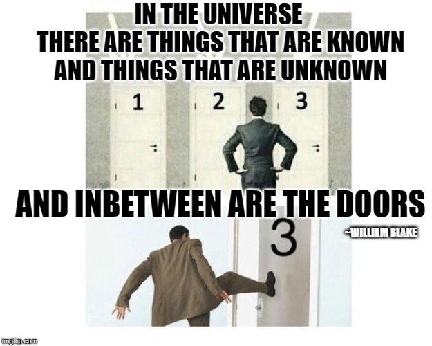 3 doors | IN THE UNIVERSE
 THERE ARE THINGS THAT ARE KNOWN
 AND THINGS THAT ARE UNKNOWN; AND INBETWEEN ARE THE DOORS; ~WILLIAM BLAKE | image tagged in 3 doors | made w/ Imgflip meme maker