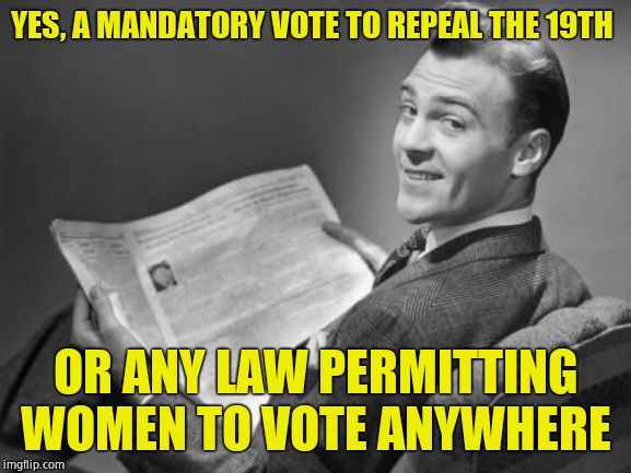 50's newspaper | YES, A MANDATORY VOTE TO REPEAL THE 19TH OR ANY LAW PERMITTING WOMEN TO VOTE ANYWHERE | image tagged in 50's newspaper | made w/ Imgflip meme maker