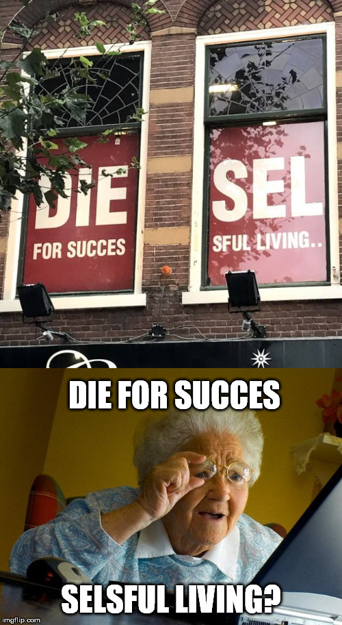 DIE FOR SUCCES; SELSFUL LIVING? | image tagged in memes,grandma finds the internet | made w/ Imgflip meme maker