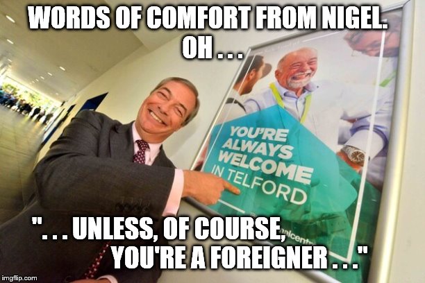 WORDS OF COMFORT FROM NIGEL.  
OH . . . ". . . UNLESS, OF COURSE,                      
           YOU'RE A FOREIGNER . . ." | image tagged in nigel farage | made w/ Imgflip meme maker