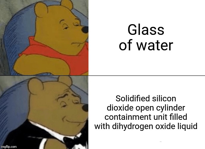 Tuxedo Winnie The Pooh Meme | Glass of water; Solidified silicon dioxide open cylinder containment unit filled with dihydrogen oxide liquid | image tagged in memes,tuxedo winnie the pooh | made w/ Imgflip meme maker