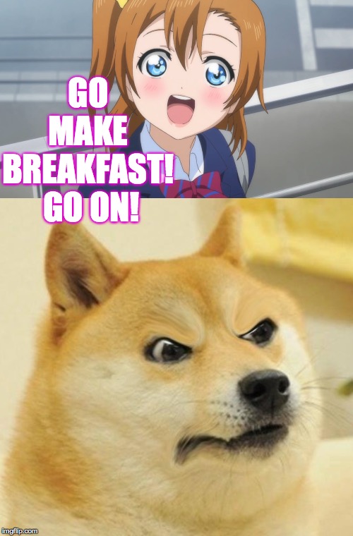 Lassie would do it  ( : | GO MAKE BREAKFAST!  GO ON! | image tagged in disappointed doge,excited anime girl,memes,dogs,anime,hard to find good help | made w/ Imgflip meme maker