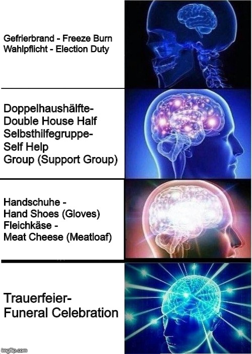 Expanding Brain Meme | Gefrierbrand - Freeze Burn
Wahlpflicht - Election Duty; Doppelhaushälfte- Double House Half
Selbsthilfegruppe- Self Help Group (Support Group); Handschuhe - Hand Shoes (Gloves)
Fleichkäse - Meat Cheese (Meatloaf); Trauerfeier- Funeral Celebration | image tagged in memes,expanding brain | made w/ Imgflip meme maker
