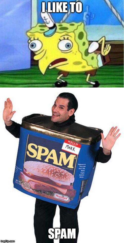 I LIKE TO; SPAM | image tagged in spam,memes,mocking spongebob | made w/ Imgflip meme maker