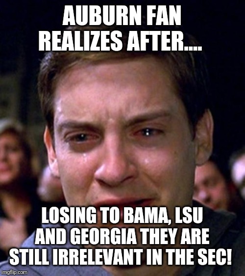 crying peter parker | AUBURN FAN REALIZES AFTER.... LOSING TO BAMA, LSU AND GEORGIA THEY ARE STILL IRRELEVANT IN THE SEC! | image tagged in crying peter parker | made w/ Imgflip meme maker