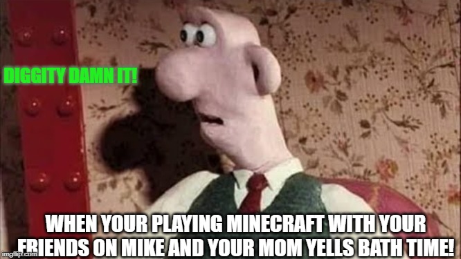 Diggity Damn It! | DIGGITY DAMN IT! WHEN YOUR PLAYING MINECRAFT WITH YOUR FRIENDS ON MIKE AND YOUR MOM YELLS BATH TIME! | image tagged in wallace sorprendido | made w/ Imgflip meme maker