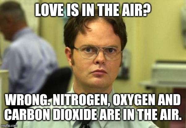 . | LOVE IS IN THE AIR? WRONG. NITROGEN, OXYGEN AND CARBON DIOXIDE ARE IN THE AIR. | image tagged in memes,dwight schrute,love,air,wrong,funny | made w/ Imgflip meme maker