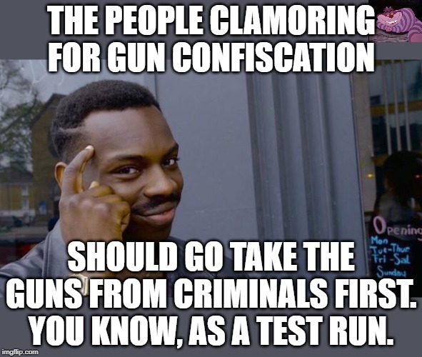 The anti-gun people always say how the are going to disarm law-abiding people, but never how they will disarm criminals. | THE PEOPLE CLAMORING FOR GUN CONFISCATION; SHOULD GO TAKE THE GUNS FROM CRIMINALS FIRST. YOU KNOW, AS A TEST RUN. | image tagged in memes,roll safe think about it | made w/ Imgflip meme maker