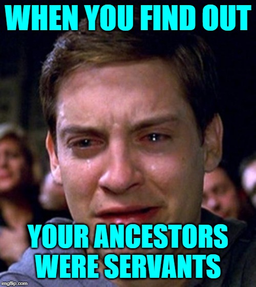 Ancestry Results Face | WHEN YOU FIND OUT; YOUR ANCESTORS WERE SERVANTS | image tagged in crying peter parker,reality check,lol so funny,your face when,unexpected results,so true memes | made w/ Imgflip meme maker