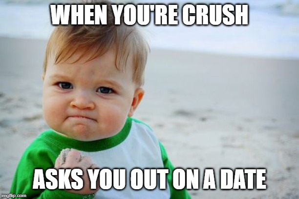 when your crush asks you | WHEN YOU'RE CRUSH; ASKS YOU OUT ON A DATE | image tagged in memes,success kid original | made w/ Imgflip meme maker