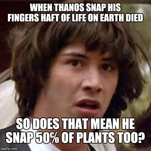 whoa | WHEN THANOS SNAP HIS FINGERS HAFT OF LIFE ON EARTH DIED; SO DOES THAT MEAN HE SNAP 50℅ OF PLANTS TOO? | image tagged in whoa | made w/ Imgflip meme maker