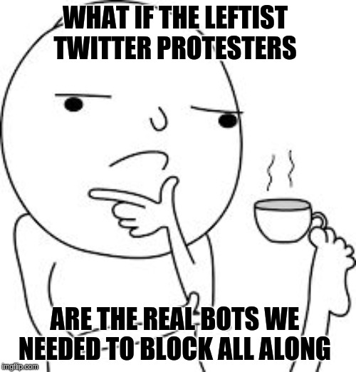 Asking the real questions here  | WHAT IF THE LEFTIST TWITTER PROTESTERS; ARE THE REAL BOTS WE NEEDED TO BLOCK ALL ALONG | image tagged in asking the real questions here | made w/ Imgflip meme maker