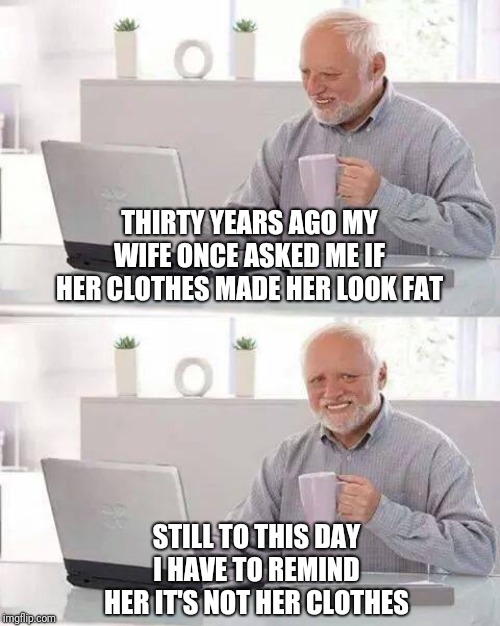 Harold Hides No Pain | THIRTY YEARS AGO MY WIFE ONCE ASKED ME IF HER CLOTHES MADE HER LOOK FAT; STILL TO THIS DAY I HAVE TO REMIND HER IT'S NOT HER CLOTHES | image tagged in memes,hide the pain harold | made w/ Imgflip meme maker