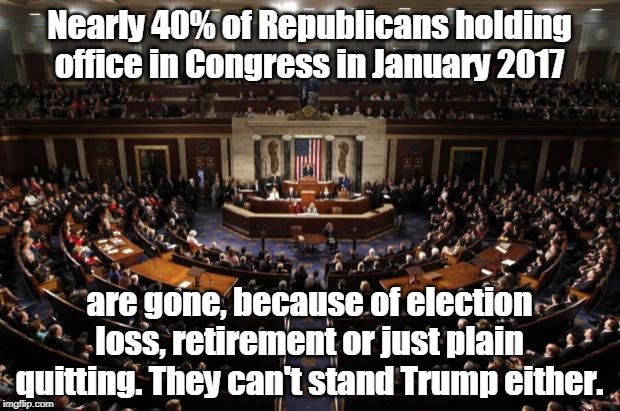 Trump is burning down the House. | Nearly 40% of Republicans holding office in Congress in January 2017; are gone, because of election loss, retirement or just plain quitting. They can't stand Trump either. | image tagged in congress,gop,republicans,gone,trump | made w/ Imgflip meme maker