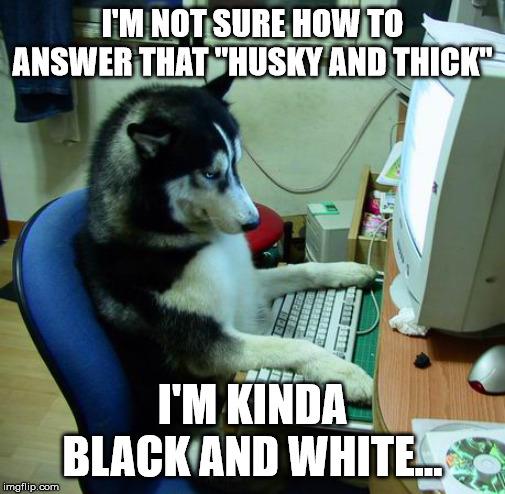 Dog Match.com | I'M NOT SURE HOW TO ANSWER THAT "HUSKY AND THICK"; I'M KINDA BLACK AND WHITE... | image tagged in memes,dogs,funny dogs,dating site,husky,first world problems | made w/ Imgflip meme maker