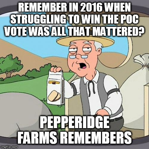 Pepperidge Farm Remembers | REMEMBER IN 2016 WHEN STRUGGLING TO WIN THE POC VOTE WAS ALL THAT MATTERED? PEPPERIDGE FARMS REMEMBERS | image tagged in memes,pepperidge farm remembers | made w/ Imgflip meme maker