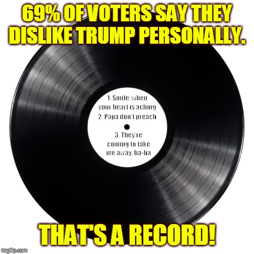 America's Got Judgment | 69% OF VOTERS SAY THEY DISLIKE TRUMP PERSONALLY. 1. Smile, when your heart is aching; 2. Papa don't preach; 3. They're coming to take me away, ha-ha; THAT'S A RECORD! | image tagged in vinyl,trump,dislike,record | made w/ Imgflip meme maker