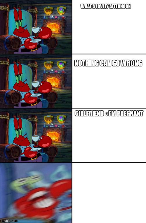 Shocked Mr Krabs |  WHAT A LOVELY AFTERNOON; NOTHING CAN GO WRONG; GIRLFRIEND  : I'M PREGNANT | image tagged in shocked mr krabs | made w/ Imgflip meme maker