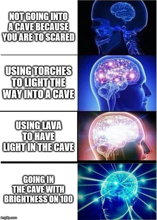 Expanding Brain | NOT GOING INTO A CAVE BECAUSE YOU ARE TO SCARED; USING TORCHES TO LIGHT THE WAY INTO A CAVE; USING LAVA TO HAVE LIGHT IN THE CAVE; GOING IN THE CAVE WITH BRIGHTNESS ON 100 | image tagged in memes,expanding brain | made w/ Imgflip meme maker