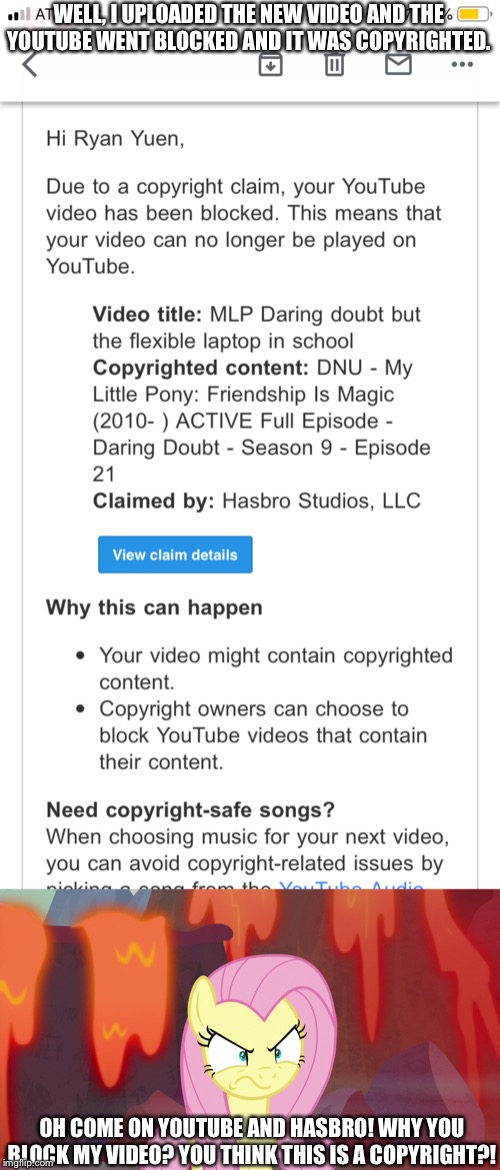 My video was blocked on YouTube | WELL, I UPLOADED THE NEW VIDEO AND THE YOUTUBE WENT BLOCKED AND IT WAS COPYRIGHTED. OH COME ON YOUTUBE AND HASBRO! WHY YOU BLOCK MY VIDEO? YOU THINK THIS IS A COPYRIGHT?! | image tagged in youtube,mlp fim,fluttershy,angry | made w/ Imgflip meme maker